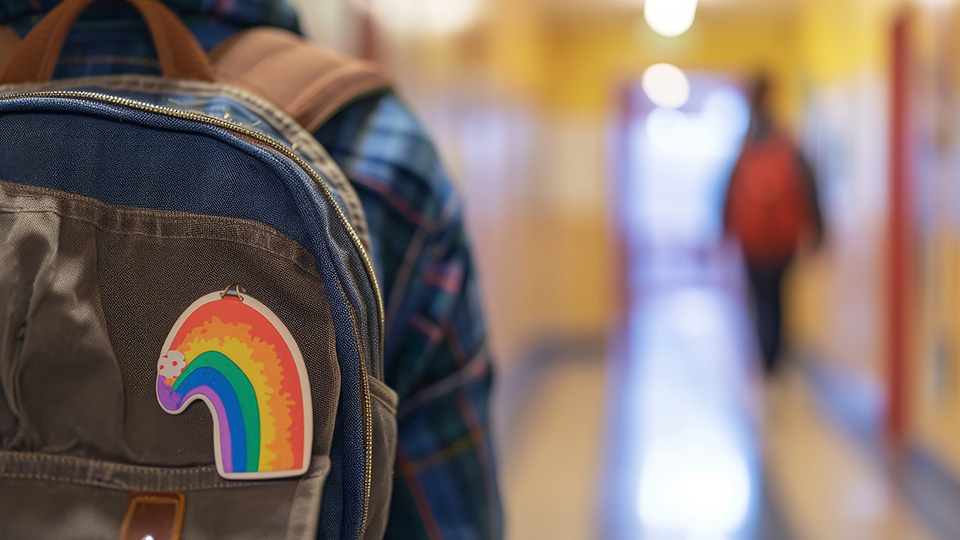Kind in der Schule mit Regenbogen am Schulranzen.